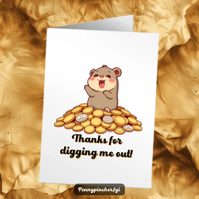 Funny Free Printable Thank You Card: a joyful mole emerges from coin treasure, expressing thanks with delight.