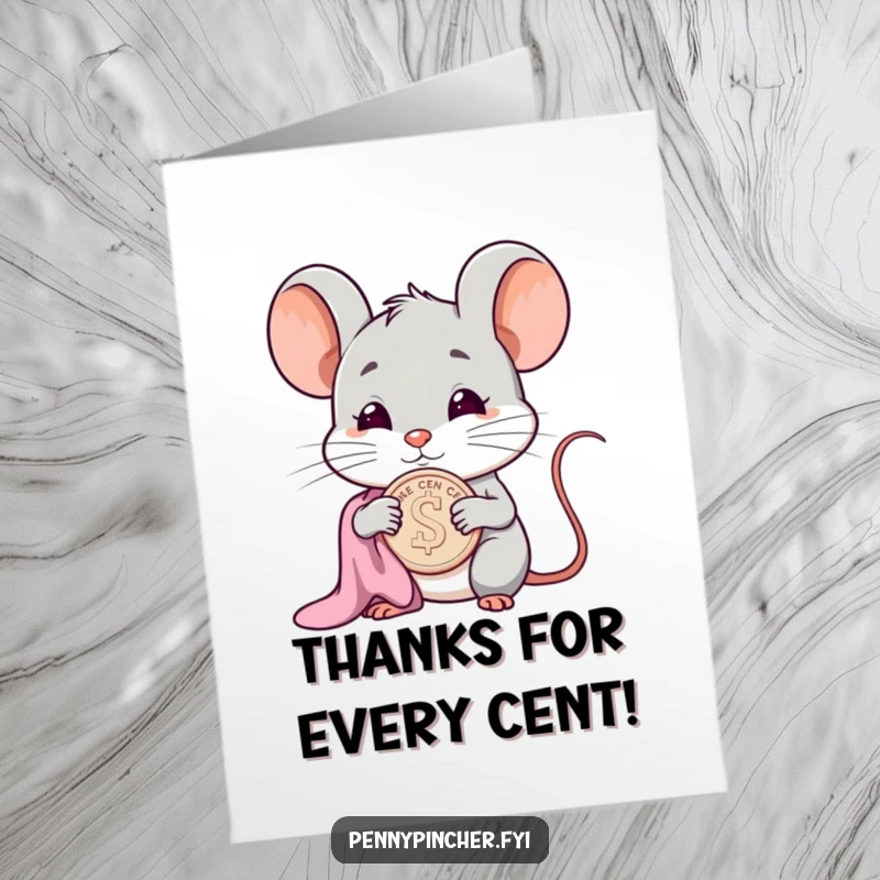 Funny Free Printable Thank You Card: A smug mouse polishing a cent, conveying thanks with a clever and humorous appreciation.