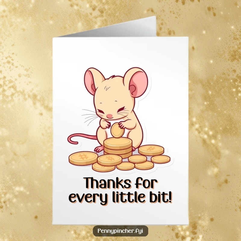 Funny Free Printable Thank You Card showing a tiny mouse character carefully counting a single coin with a discerning eye.