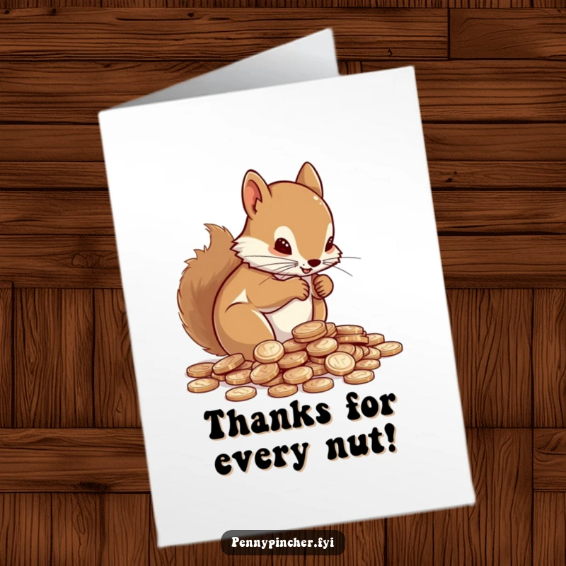Funny free printable thank you card: A diligent squirrel carefully counting a pile of shiny pennies to express thanks.