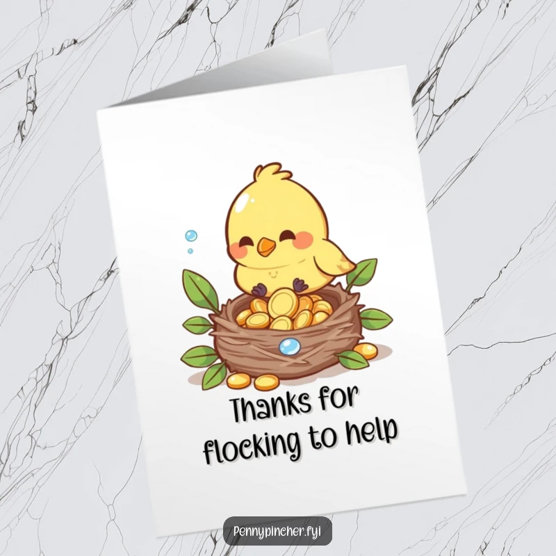 Funny Free Printable Thank You Card depicting a bird character carefully depositing a dewdrop coin into its nest.