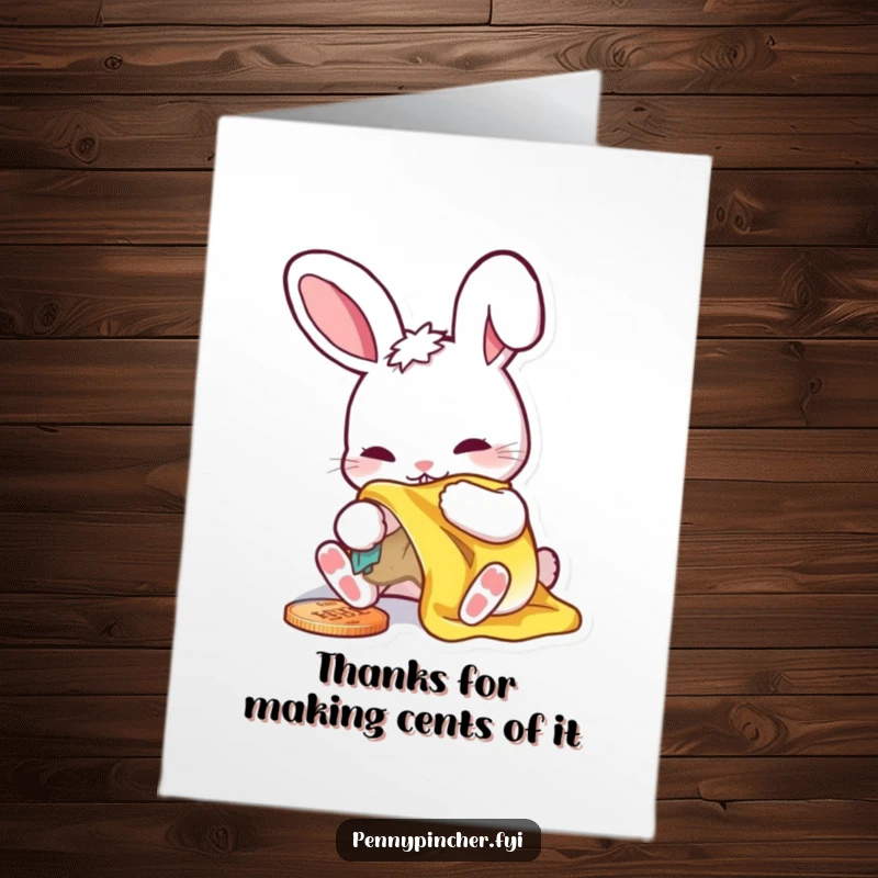 Funny Free Printable Thank You Card of a rabbit character carefully polishing a shiny penny with a look of deep satisfaction.