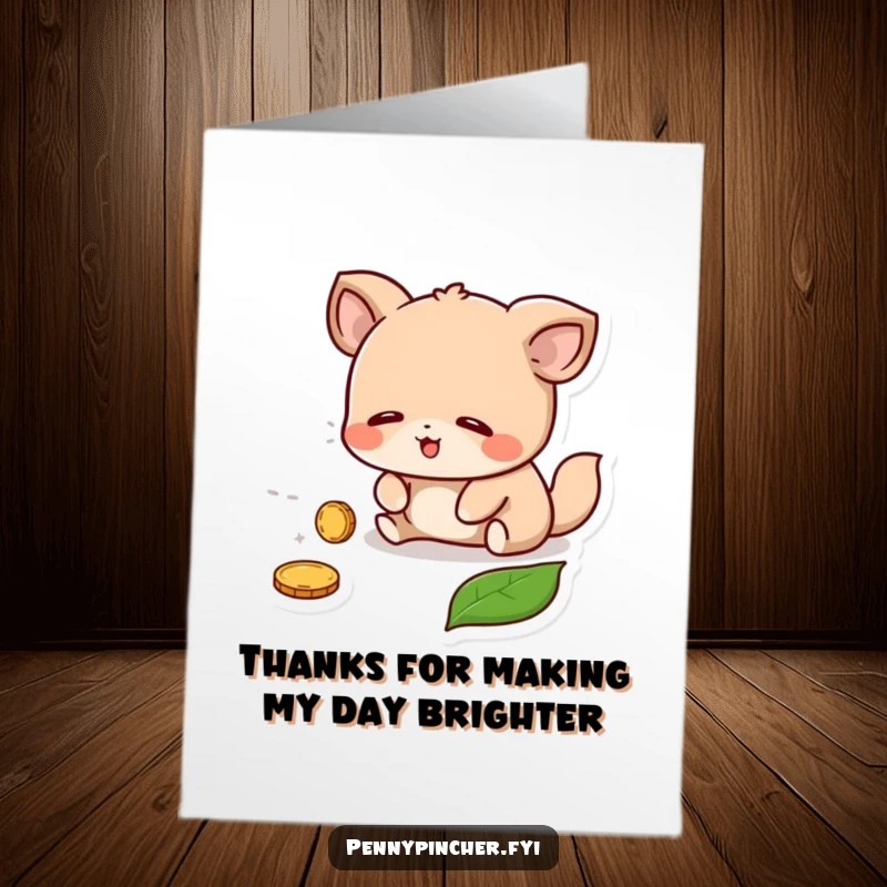 Funny Free Printable Thank You Card: A relieved cartoon animal gleefully finds a lost coin, a symbol of unexpected blessings.