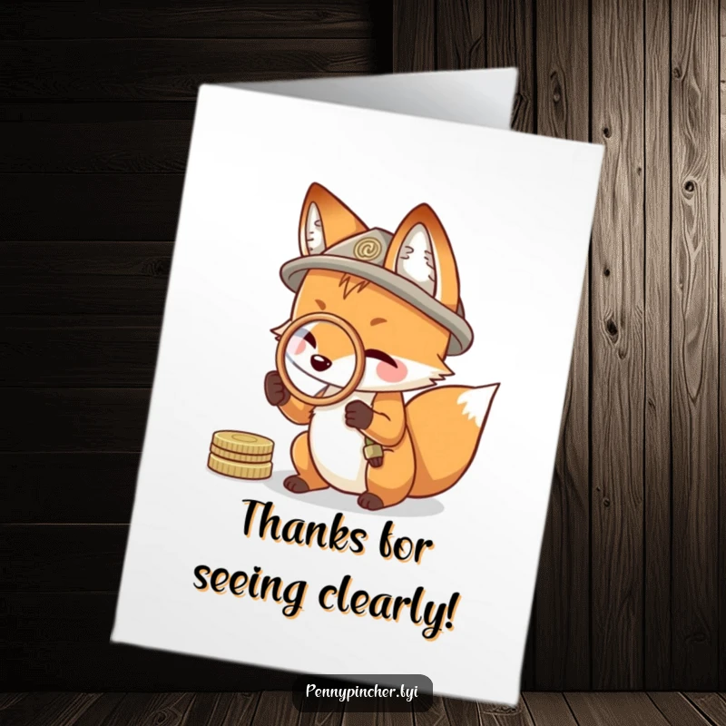 Funny Free Printable Thank You Card: a resourceful fox uses a coin magnifier to inspect a thank you note.