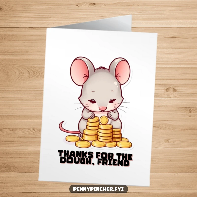 Funny Free Printable Thank You Card: Shy mouse meticulously counting coins, a humorous and thoughtful downloadable gift