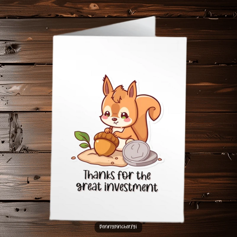 Funny Free Printable Thank You Card: Hopeful squirrel burying an acorn next to a large coin, a humorous downloadable gift