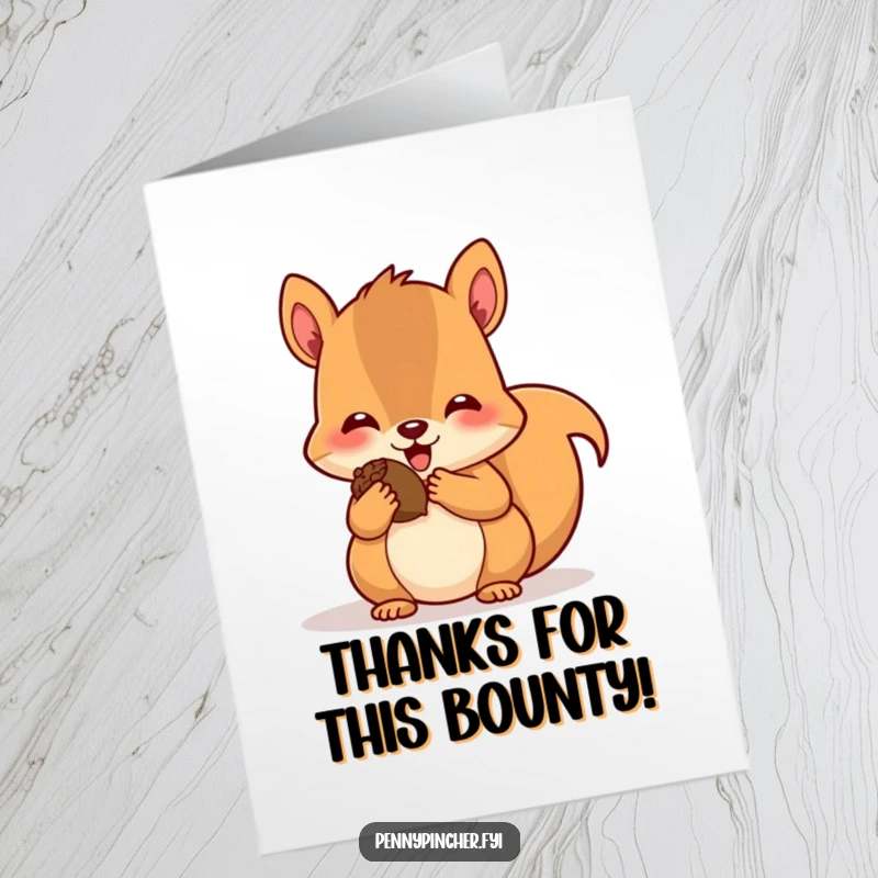 Funny Free Printable Squirrel Thank You Card: A charming squirrel happily stuffing its cheeks with acorns, perfect for showing thanks.