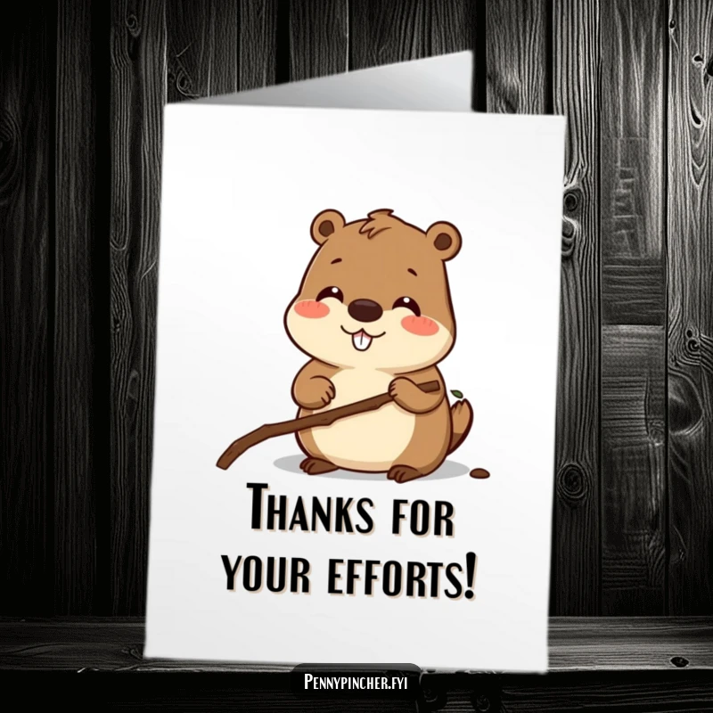 Funny Free Printable Beaver Thank You Card: Smiling beaver precisely measuring a twig, a charming design for expressing thanks.