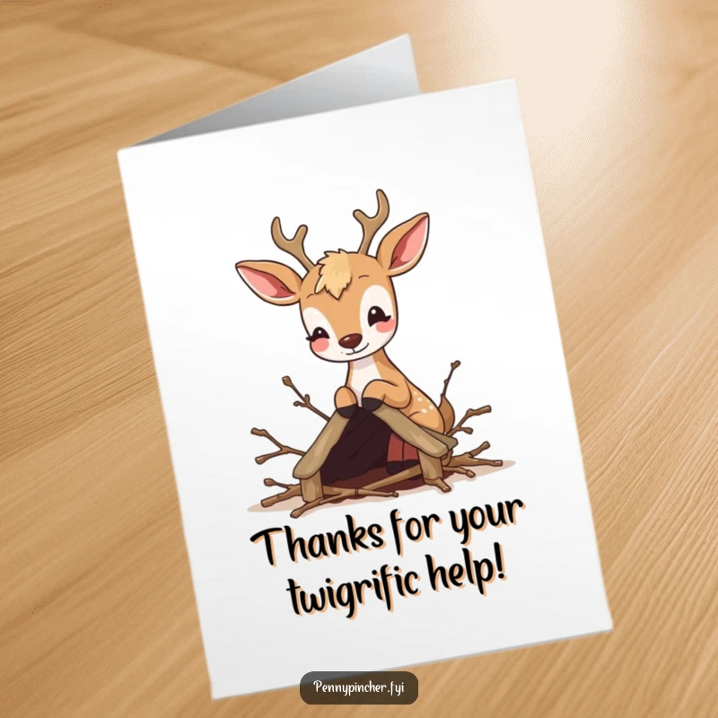 Funny Free Printable Thank You Card: Bouncy deer intently building a small home from twigs, a unique way to say thanks.