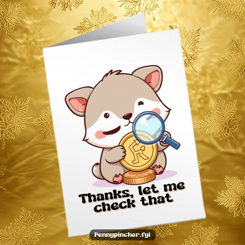 Funny Free Printable Thank You Card: Cute animal character squinting with a magnifying glass at a coin, humorously appreciating your valuable contribution.