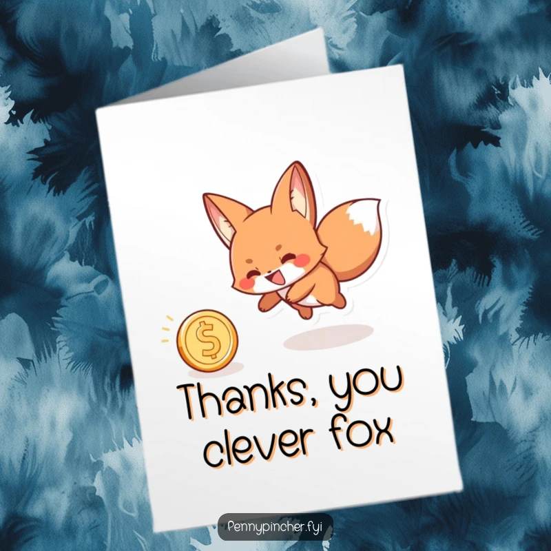Funny Free Printable Thank You Card: A grinning fox playfully chasing a single rolling coin, signifying a valued token of thanks.