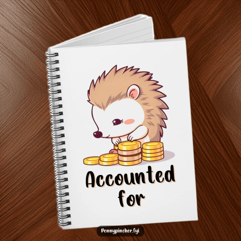 Funny notebook cover with a thrifty hedgehog meticulously lining up coins, great for planning and note-taking.