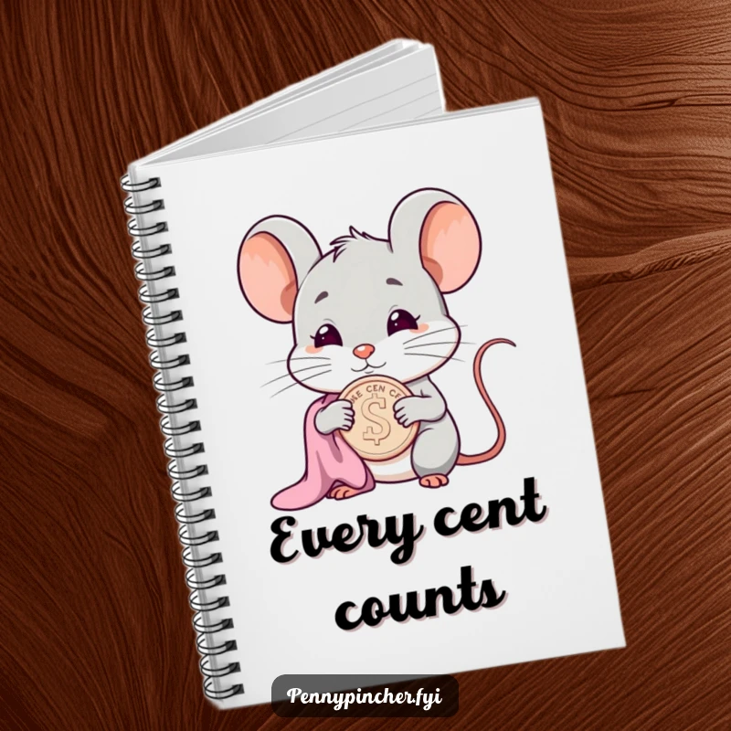 Funny smug mouse character notebook, polishing a cent, ideal for tracking wealth and witty thoughts.