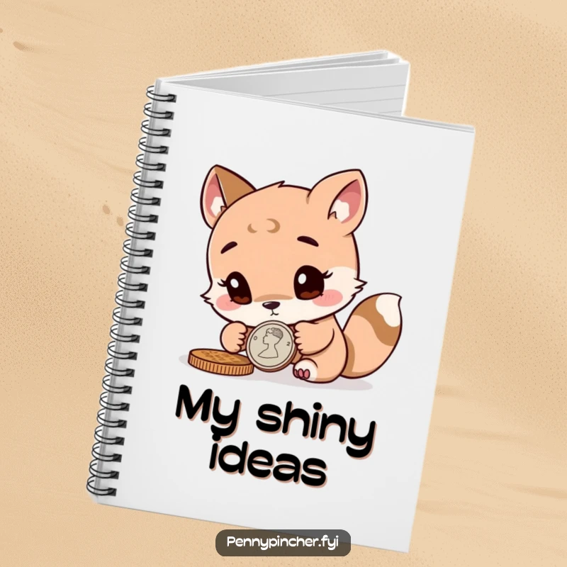 Funny curious animal character closely inspecting a coin, featured on the cover of a lined notebook for detailed writing.