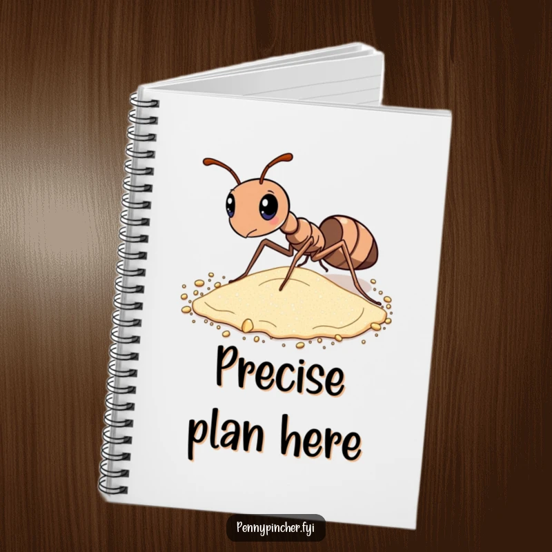Funny notebook featuring a diligent ant meticulously sorting grains of sand by size, ideal for planning and notes.