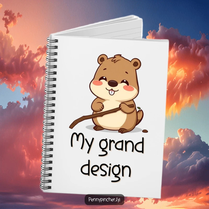 Funny notebook cover featuring a smiling beaver character measuring a twig, ideal for planning projects and jotting down ideas.