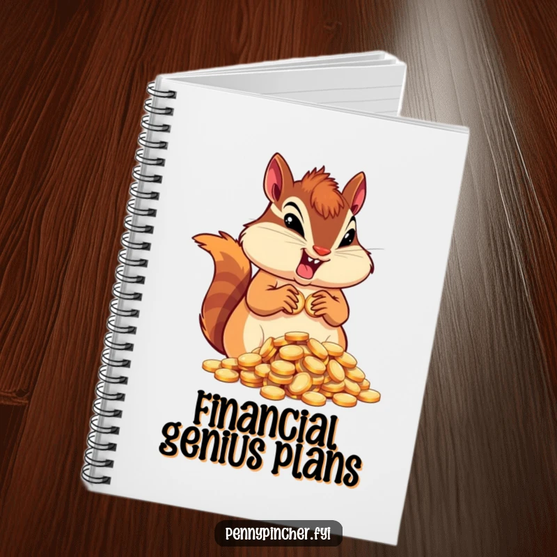 Funny determined chipmunk character notebook, hoarding coins, ideal for tracking wealth and ambitious thoughts.