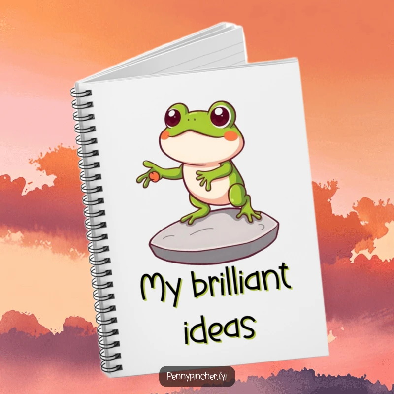 Funny notebook with a clever frog character using a large coin as a stepping stone, ideal for note-taking with a humorous, resourceful theme.