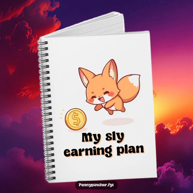Funny notebook cover featuring a playful fox character with a grin, chasing a rolling coin, ideal for note-taking.