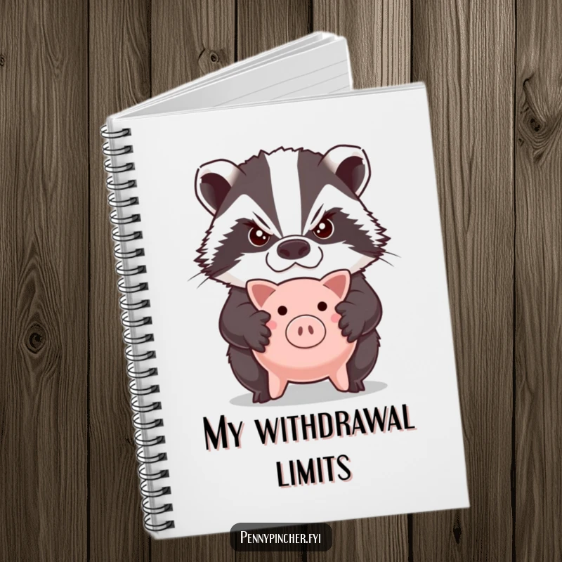 Funny notebook cover with a grumpy badger character standing guard, arms crossed, over a tiny piggy bank, looking vigilant.