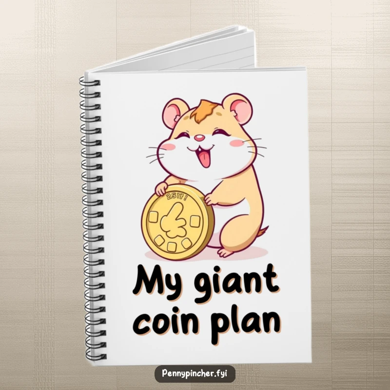 Funny notebook cover featuring a smiling hamster character happily rolling a giant coin, ideal for note-taking and planning.