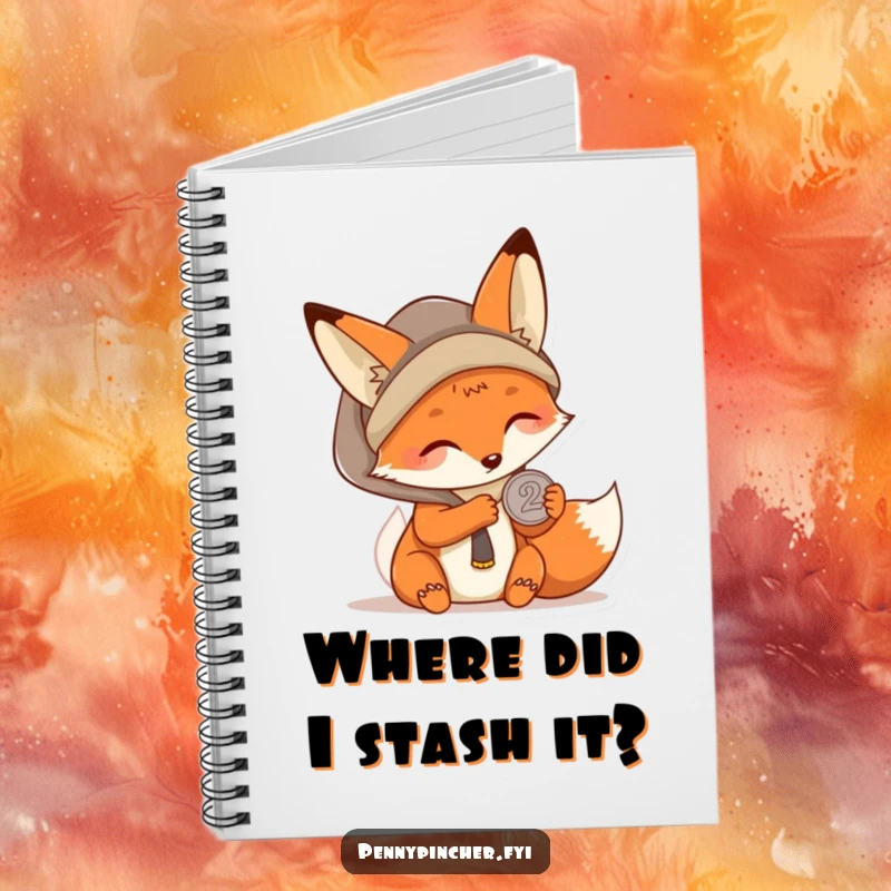 Funny Kawaii fox notebook with a resourceful character examining a coin on the cover, perfect for jotting down smart plans and ideas.