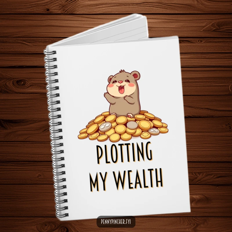 Funny notebook cover with a joyful mole emerging from a pile of coins, perfect for capturing thoughts and dreams.