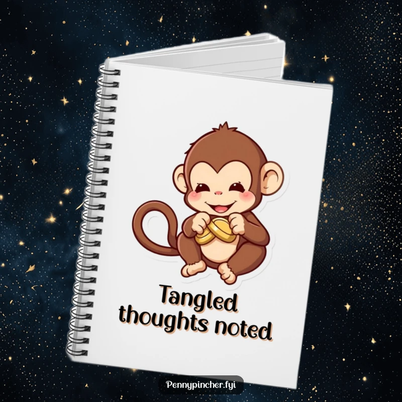Funny Notebook featuring a monkey character trying to tie a knot in a coin, perfect for brainstorming.