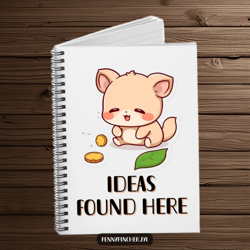 Funny Notebook: An animal character looking relieved while holding a found coin, with a leaf detail on the cover.
