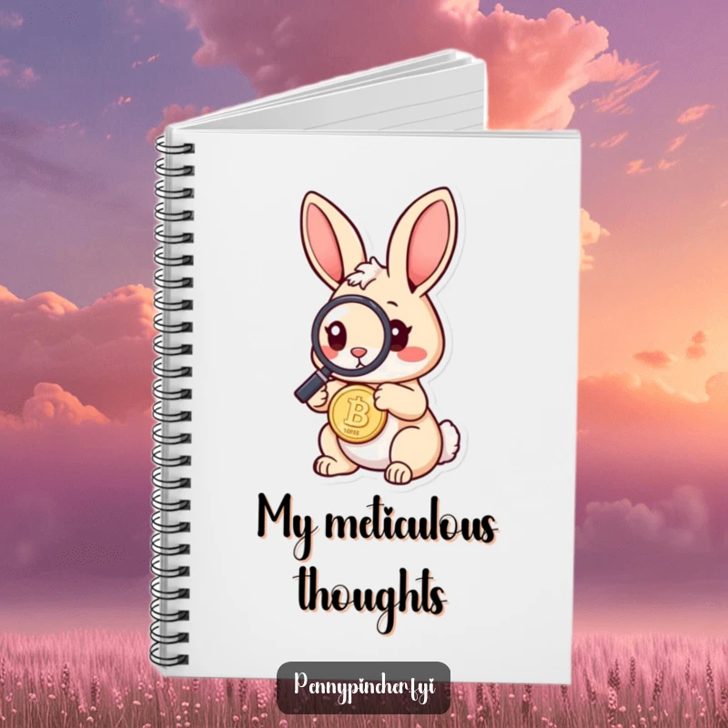 Funny rabbit notebook with a curious rabbit character using a magnifying glass to inspect a coin, inspiring organized and humorous note-taking.