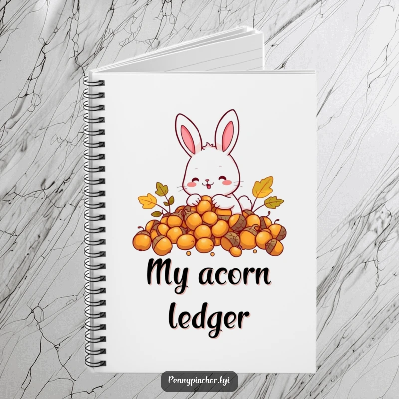 Funny Rabbit Notebook: A happy rabbit character counting a pile of golden acorns, ready to record your thoughts.