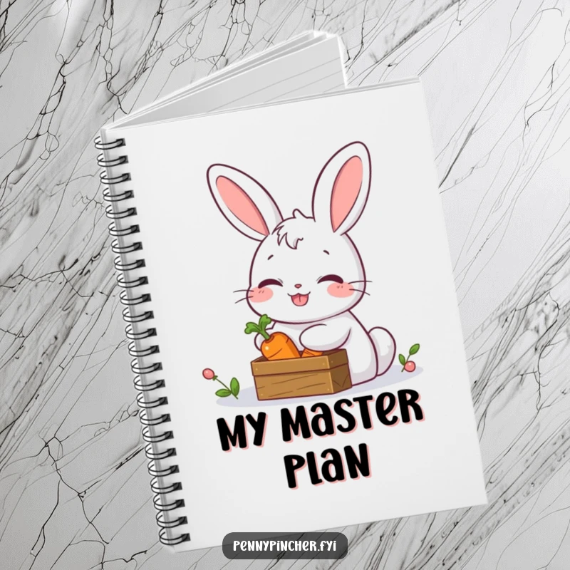 Funny notebook cover featuring a giggling rabbit hiding a carrot in a treasure chest, ideal for jotting down important secrets.