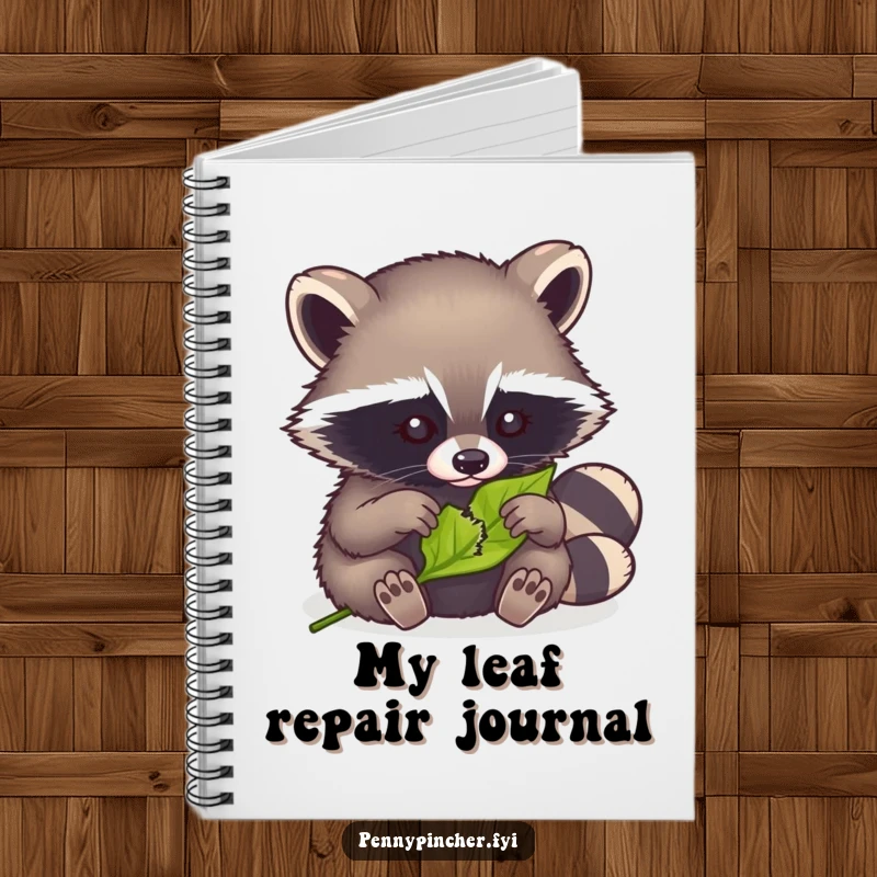 Funny notebook featuring a clever raccoon meticulously mending a tiny torn leaf, ideal for journaling.