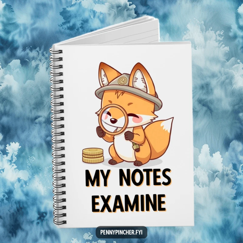 Funny notebook cover with a resourceful fox using a coin as a magnifying glass, great for notes and investigation.