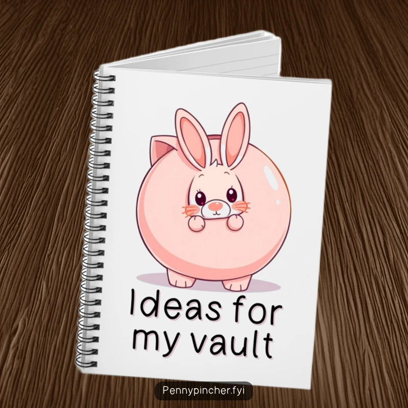 Funny shy rabbit peeking from behind a giant piggy bank, a humorous notebook for thoughts and plans.