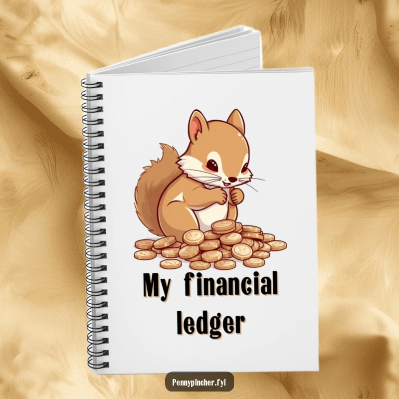 Funny Notebook cover featuring a determined squirrel focused on counting a pile of shiny pennies.