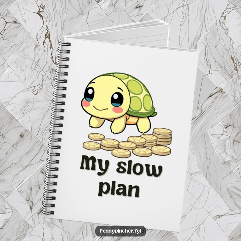 Funny Notebook featuring a turtle character slowly moving towards a pile of pennies, ideal for note-taking and planning.