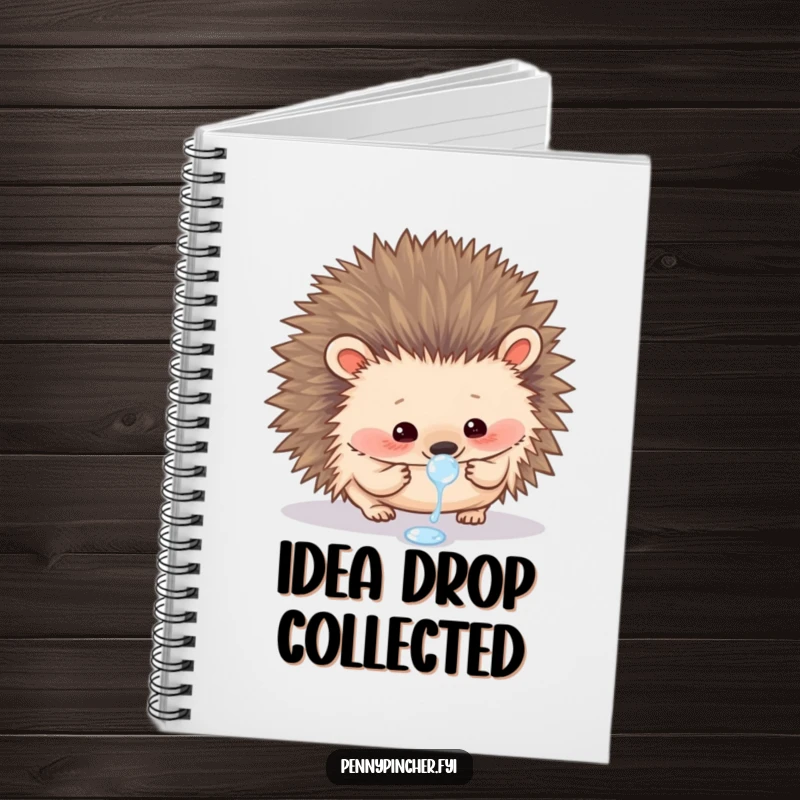 Funny notebook featuring a curious hedgehog carefully examining a single dewdrop, ideal for journaling and notes.