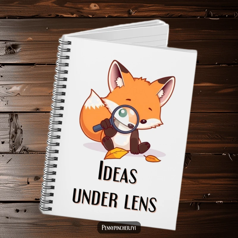 Funny notebook featuring a focused fox using a magnifying glass to examine a fallen leaf, ideal for note-taking.
