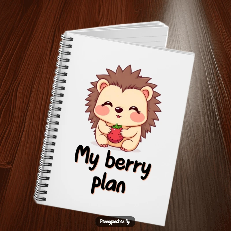 Funny hedgehog notebook, a blushing character balancing a berry on its snout, perfect for writing down ideas.
