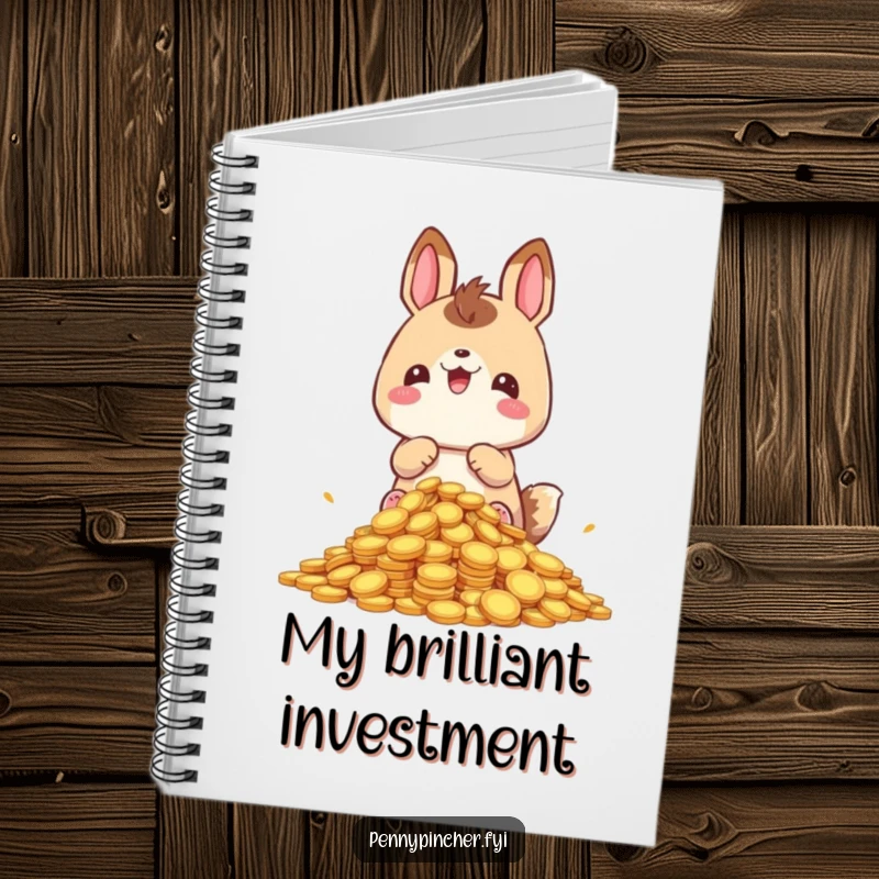 Funny hoarding animal notebook, gleefully counting its coin hoard, ideal for logging financial plans and humorous ideas.
