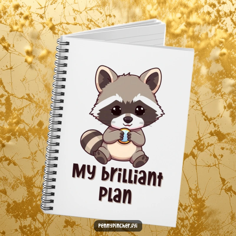 Funny raccoon notebook, a mischievous character looking at a shiny button, perfect for writing and creative ideas.