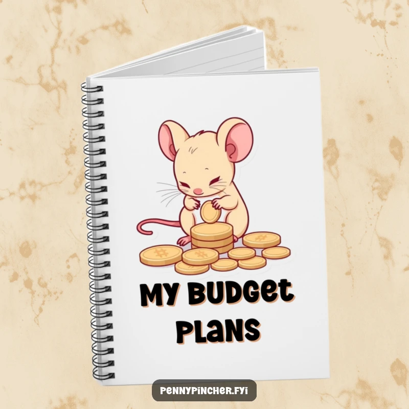 Funny notebook with a tiny mouse character carefully counting a single coin, perfect for notes and budgets.