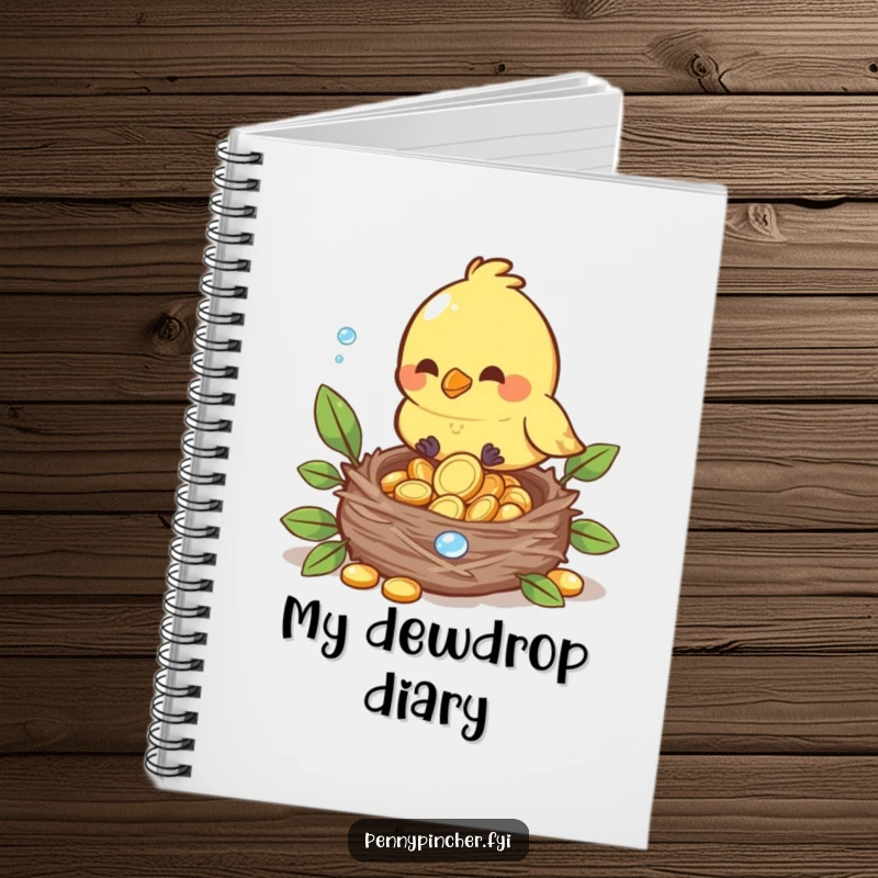 Funny notebook featuring a bird carefully placing dewdrop coins into its nest, perfect for journaling.