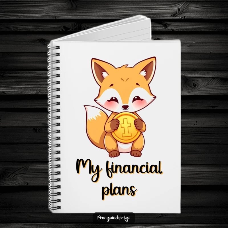 Funny notebook with a proud fox character polishing a shiny gold coin, perfect for jotting down witty ideas.