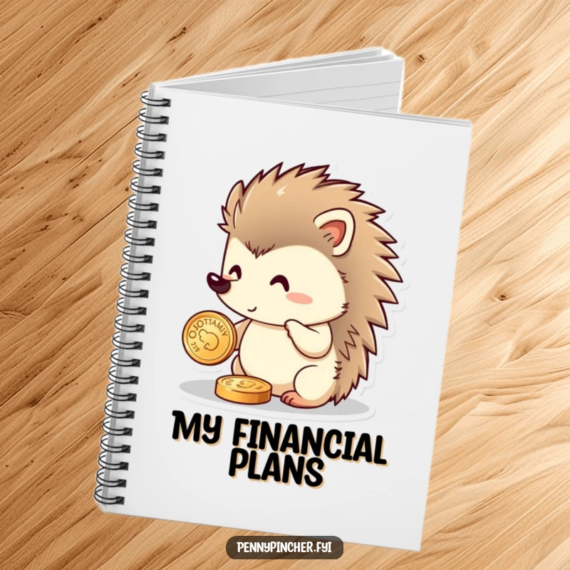 Funny hedgehog notebook with a proud hedgehog character polishing a small, glittering coin, inspiring organized and humorous note-taking.