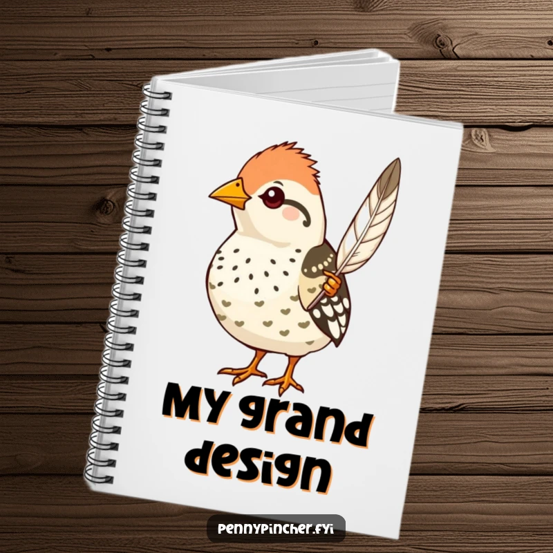 Funny quail notebook, a proud character showing off a feather, perfect for writing down refined ideas.