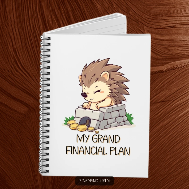 Funny determined hedgehog building a tiny coin fortress, a humorous notebook for planning and ideas.