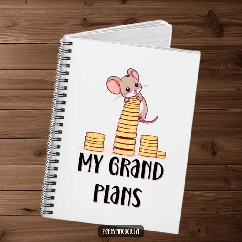 Funny Notebook cover featuring an ambitious mouse focused on stacking coins into a teetering tower.