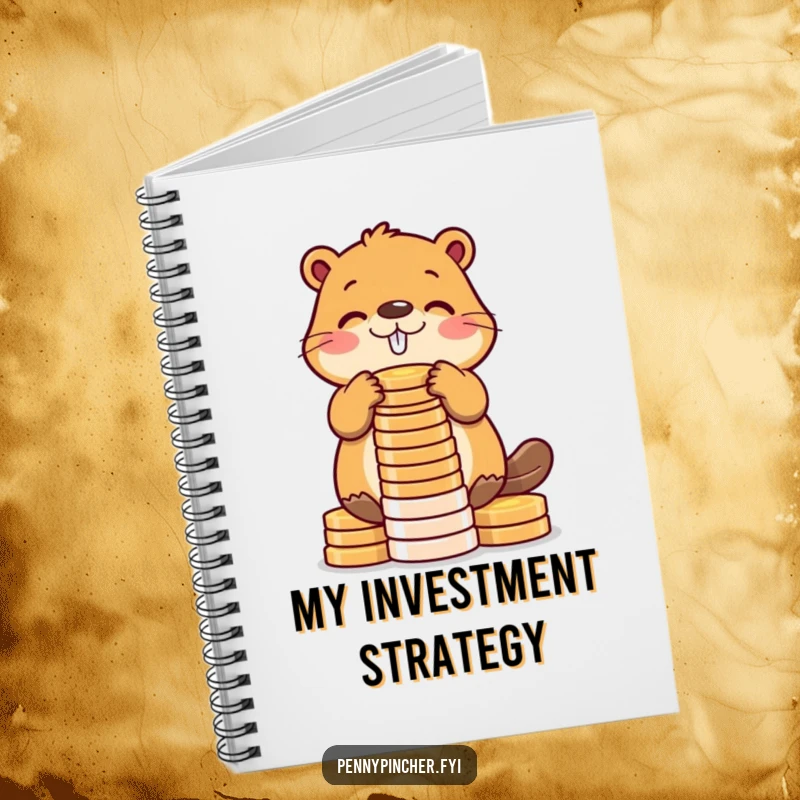 Funny beaver notebook with a diligent beaver character stacking shiny coins into a tower, inspiring organized and humorous note-taking.